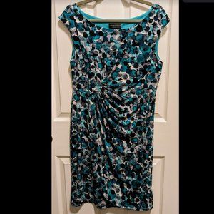 Connected Apparel Ruched Sheath Dress - Size 14P - Teal/White/Black Circle print